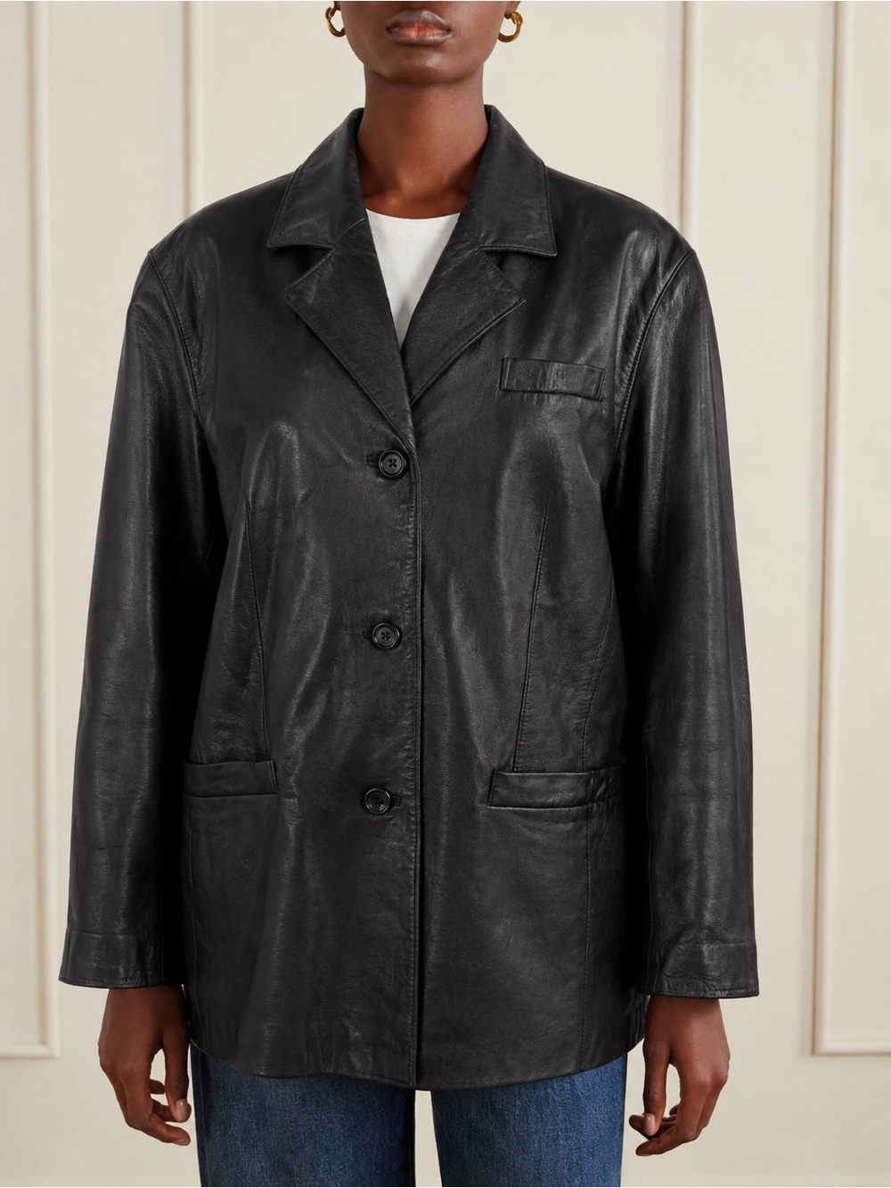 Gallery Black Genuine Leather Blazer Jacket XL Oversized Minimalist Vintage
